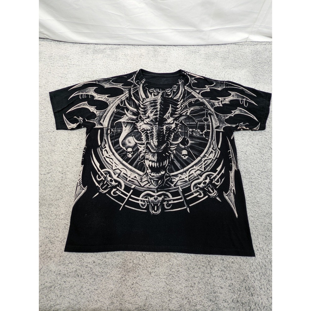 Vintage Liquid‎ Blue All Over Print Dragon Metal Y2K Shirt Size Large Demon Art
